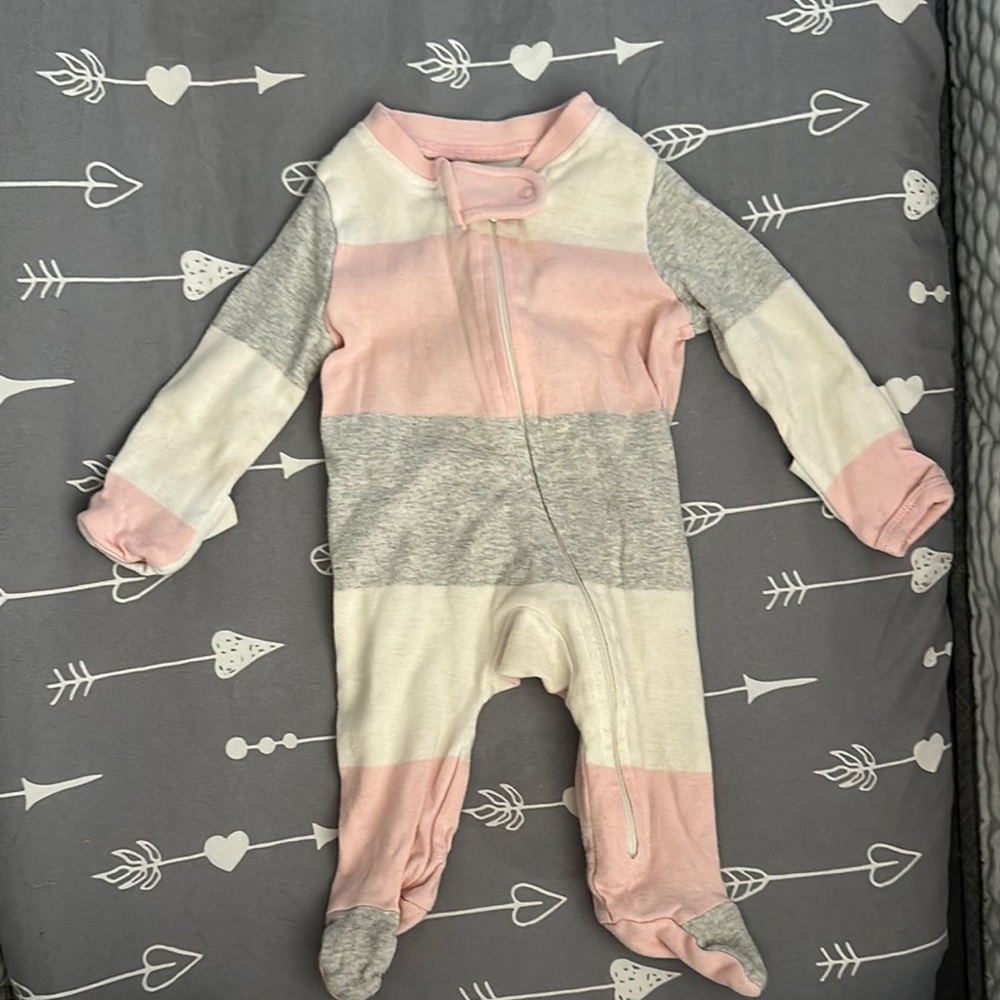 Striped Pink, Gray & Cream Zip Baby One-Piece